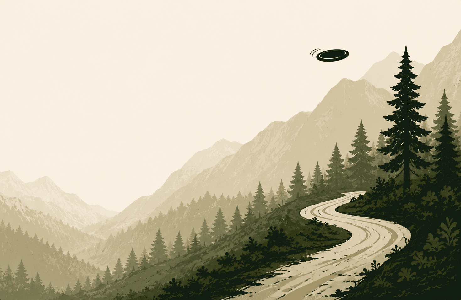 Illustration of a winding trail through pine-covered mountains with a disc in flight